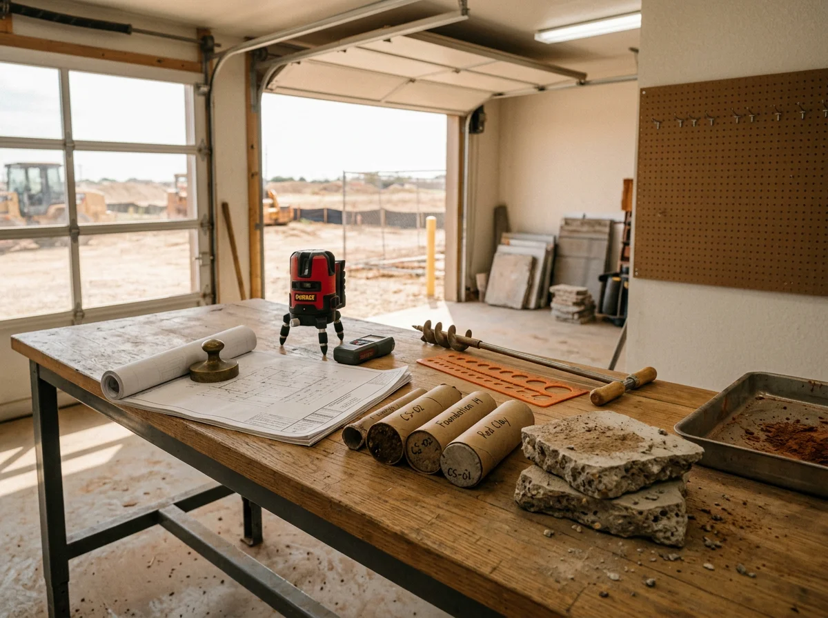 Engineering tools and project materials arranged for a structural and civil engineering review. The scene shows no people.