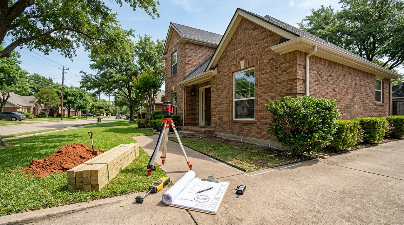 Structural engineer reviewing a residential foundation with a signed and sealed report in Dallas and nearby Gulf Coast cities