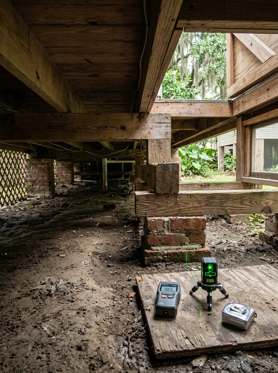 A foundation inspection in progress on a pier-and-beam home in a low-lying Baton Rouge neighborhood, with the crawlspace and soil conditions visible beneath the structure.