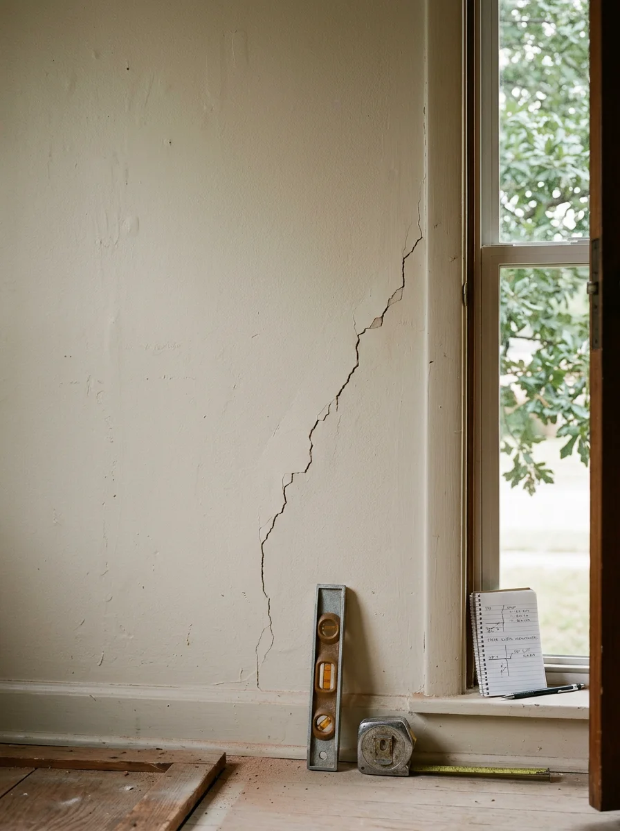 Close-up of diagonal wall cracks near a door frame in a Dallas mid-century home, a common sign of clay soil foundation movement requiring an engineer's evaluation.