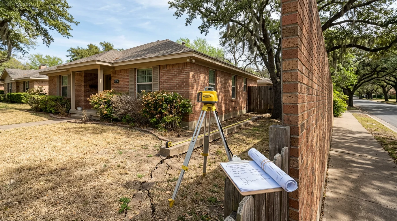 A licensed structural engineer measuring foundation elevation on a brick residential home in a Dallas neighborhood with expansive clay soil visible along the foundation perimeter.