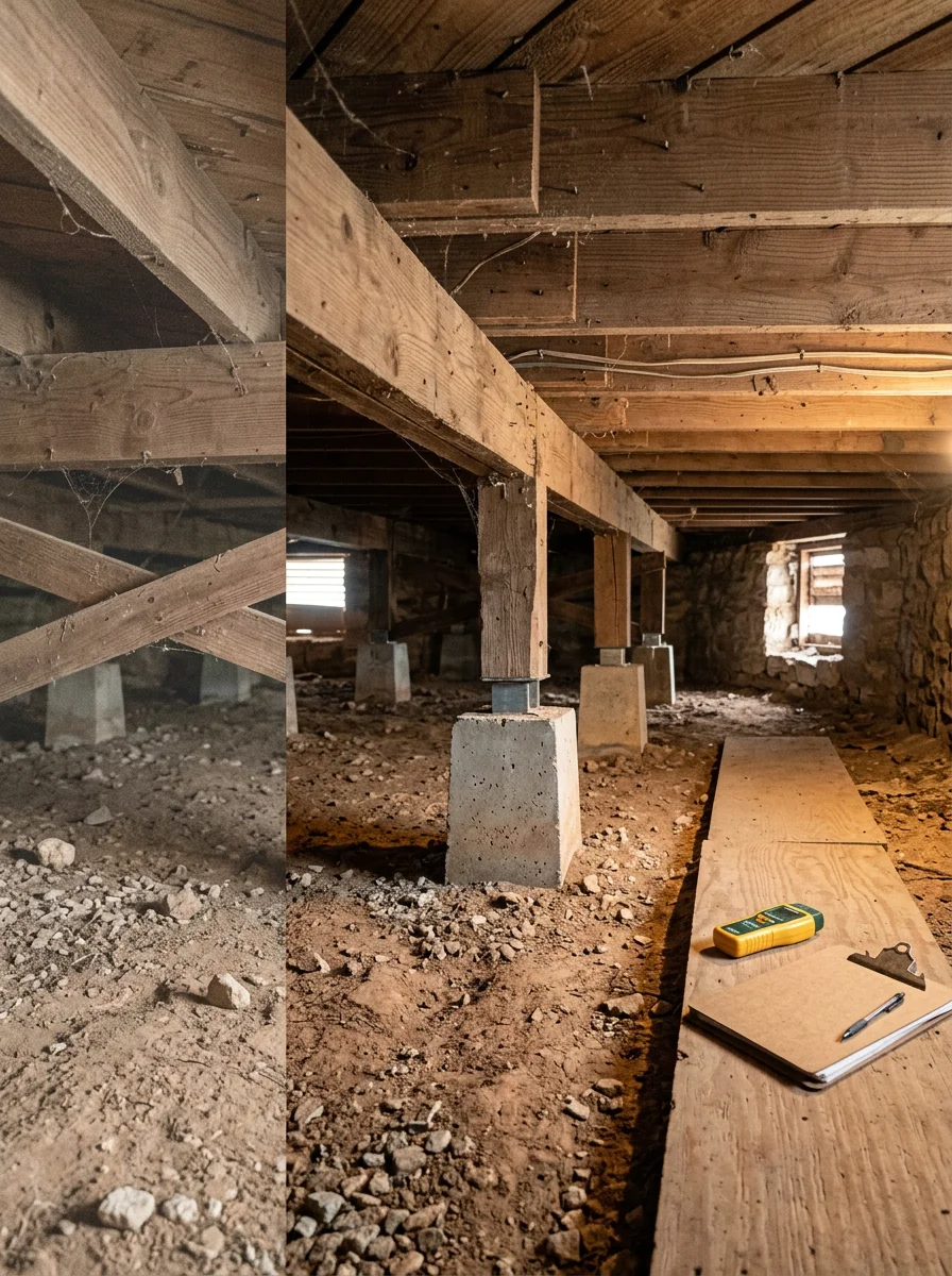 A pier-and-beam crawlspace beneath an older Fort Worth home in a historic neighborhood, showing wood framing, concrete piers, and soil conditions relevant to a structural inspection.