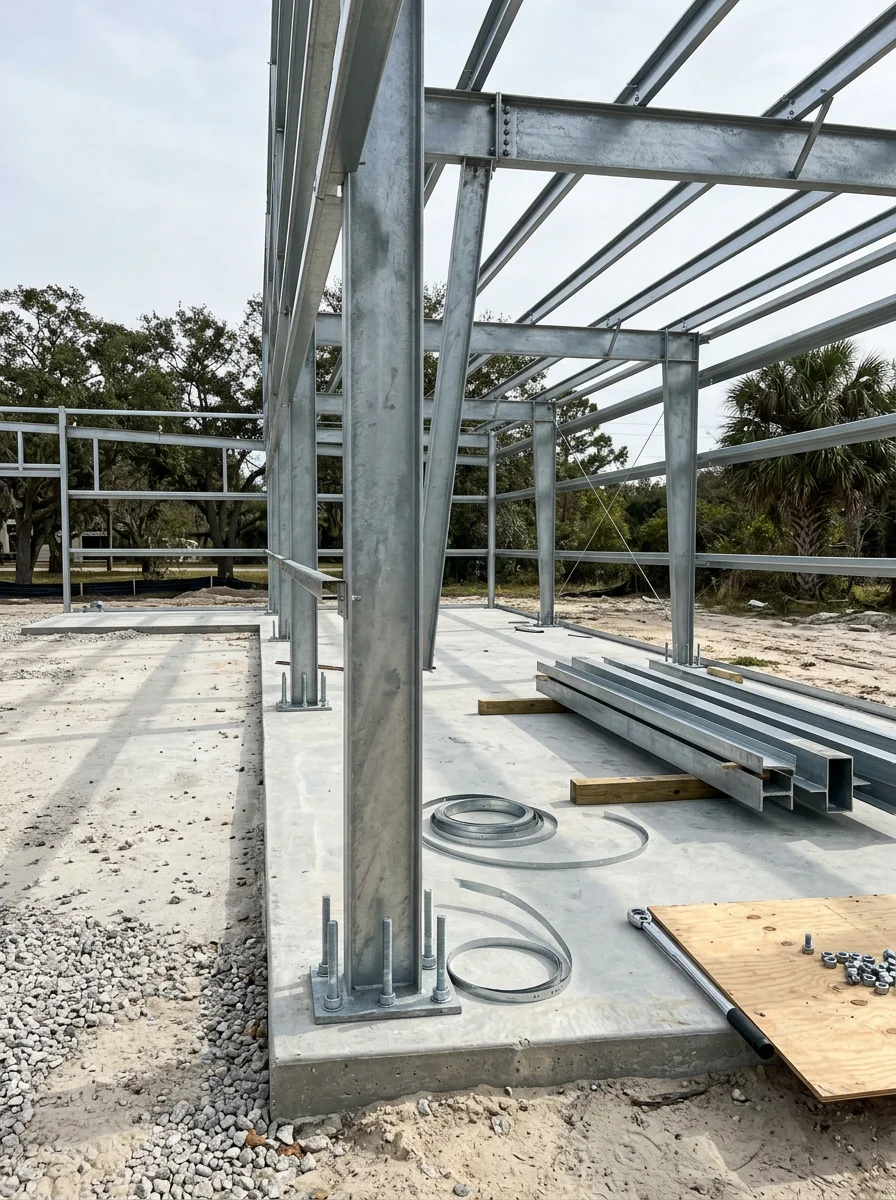 A metal building under construction along a Gulfport commercial corridor, showing the structural frame and foundation anchor system designed for Gulf Coast coastal wind load requirements.