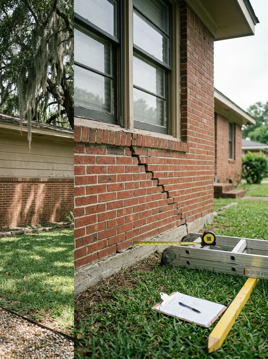 A foundation inspection in progress on a mid-century brick home in a Hattiesburg, Mississippi neighborhood, with the engineer examining wall cracks and exterior foundation conditions.
