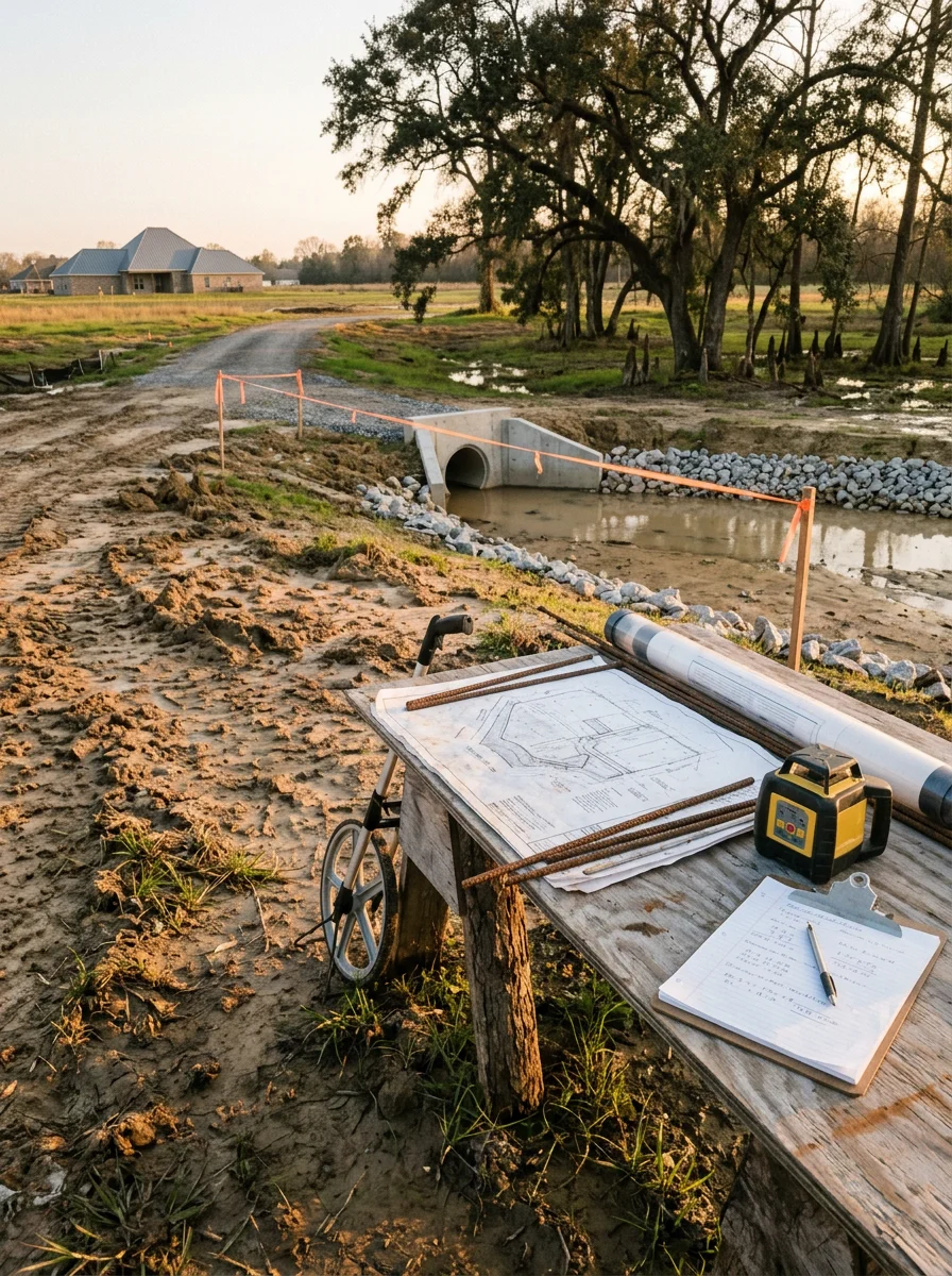 A grading and drainage design drawing for a Lafayette Parish development site, showing proposed detention pond location, drainage servitudes, and stormwater flow paths.
