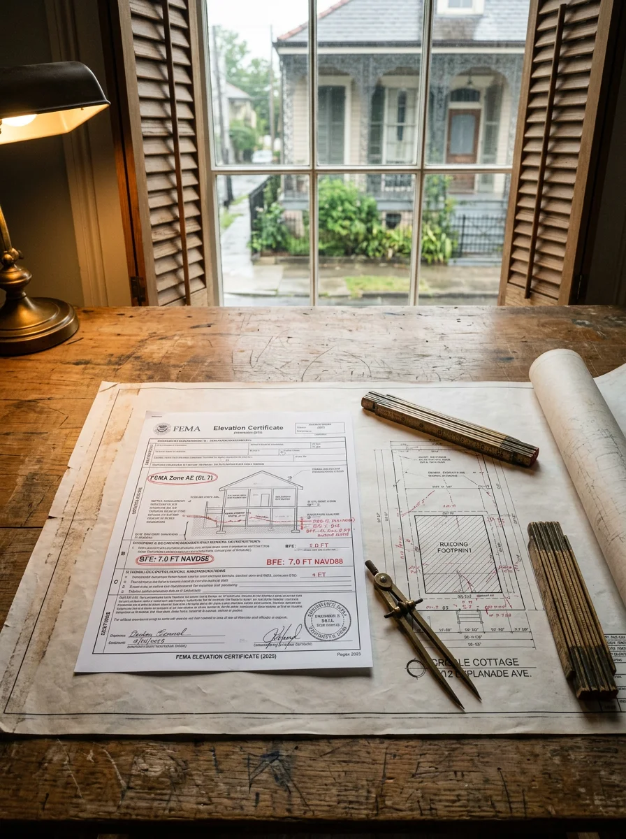 A flood elevation certificate document alongside a site plan drawing for a New Orleans residential property, showing FEMA flood zone designations and Base Flood Elevation markings.