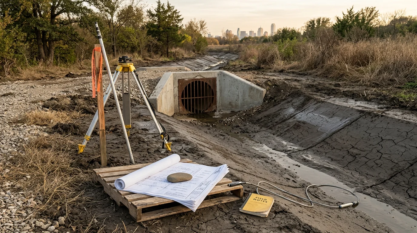 A licensed professional engineer reviews a drainage impact study site plan showing stormwater flow paths and detention pond layout for a development project in Dallas, Texas. The plan includes drainage area delineation lines and downstream capacity calculations required for City of Dallas permit submittal.
