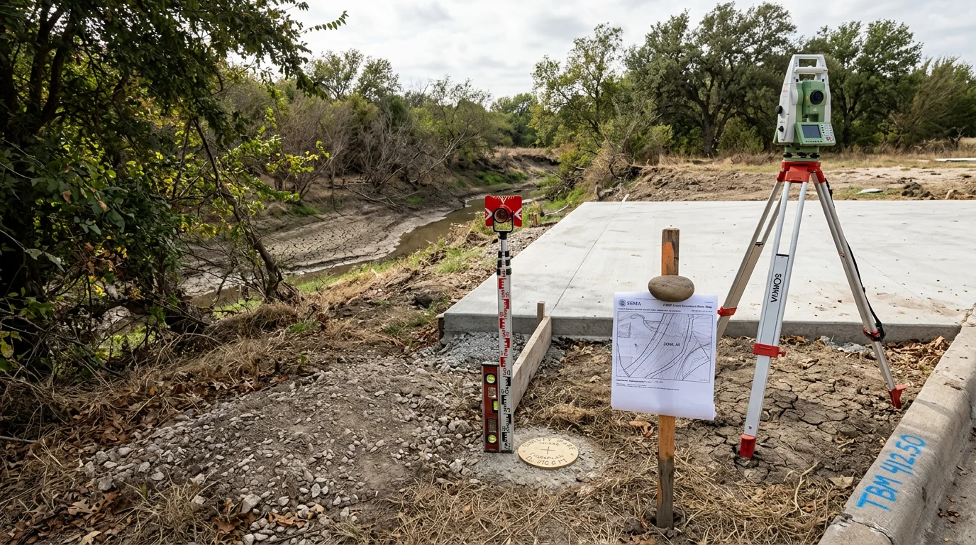 A licensed professional engineer reviewing a completed FEMA Flood Elevation Certificate form at a residential property in Dallas, Texas, with a field measurement instrument set up near the building's lowest floor entry point.
