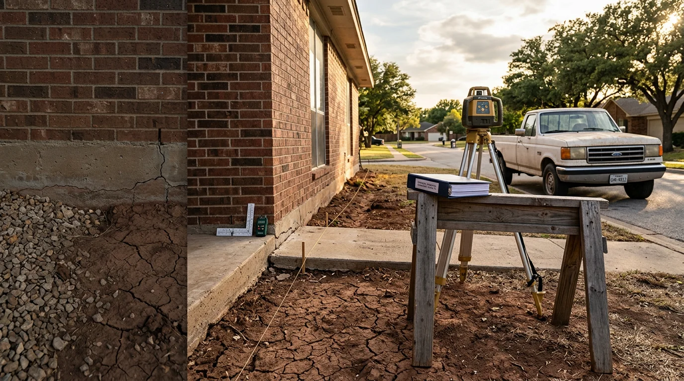 A licensed structural engineer reviewing a signed and sealed foundation certification report at a residential property in Dallas, Texas. The document rests on a clipboard with a slab foundation visible in the background.