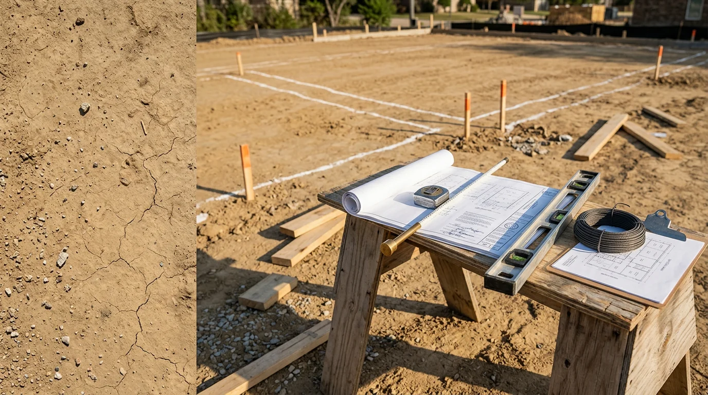 Signed and sealed residential foundation design drawings on a desk, prepared by a licensed structural engineer for a Dallas, Texas home construction project. Engineering plan sheets show slab layout, grade beam dimensions, and reinforcement details specific to the site.