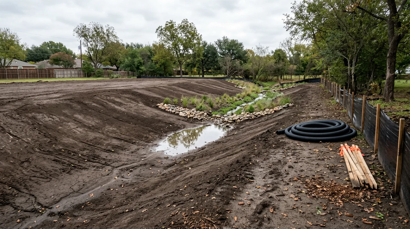A graded residential site in Dallas, Texas with engineered swales directing stormwater away from the foundation toward a defined drainage outlet. A signed and sealed civil engineering drainage plan is visible alongside the site.