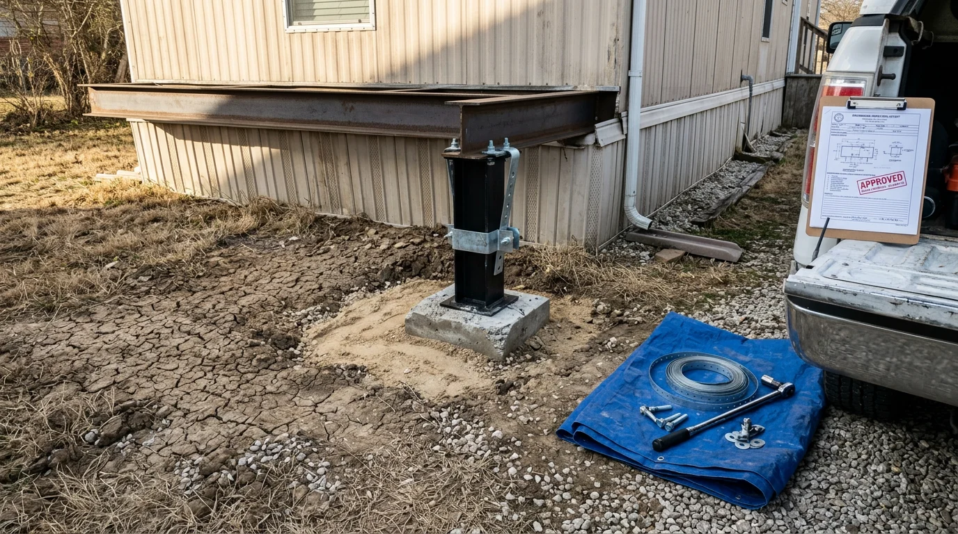 A licensed professional engineer inspecting the pier and anchorage system beneath a manufactured home in Dallas, Texas, as part of a HUD and FHA permanent foundation report. The crawl space shows concrete footings, tie-down straps, and a perimeter skirting wall consistent with HUD Publication 7584 requirements.