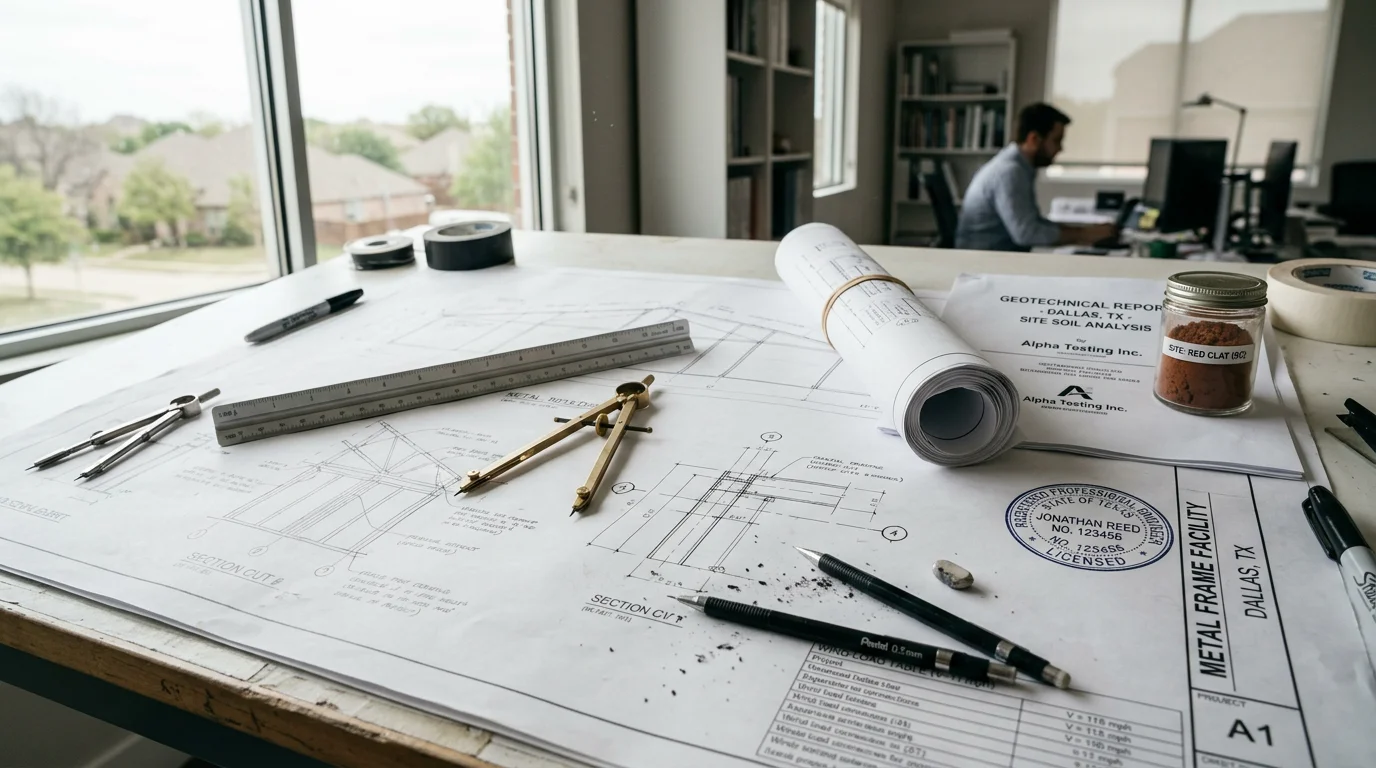 Signed and sealed structural drawings for a metal building project in Dallas, Texas, showing steel framing plans and foundation details prepared by a licensed professional engineer. The drawing set is laid flat on a work surface next to a site plan for a Dallas County commercial steel structure.