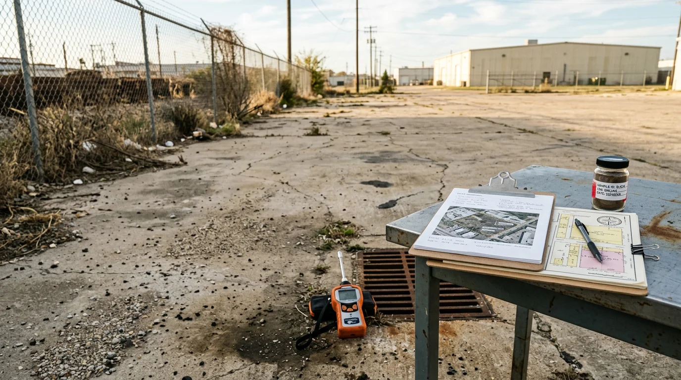 An environmental professional conducting a site reconnaissance on a commercial property in Dallas, Texas, documenting soil conditions and adjacent land uses as part of a Phase One Environmental Site Assessment.