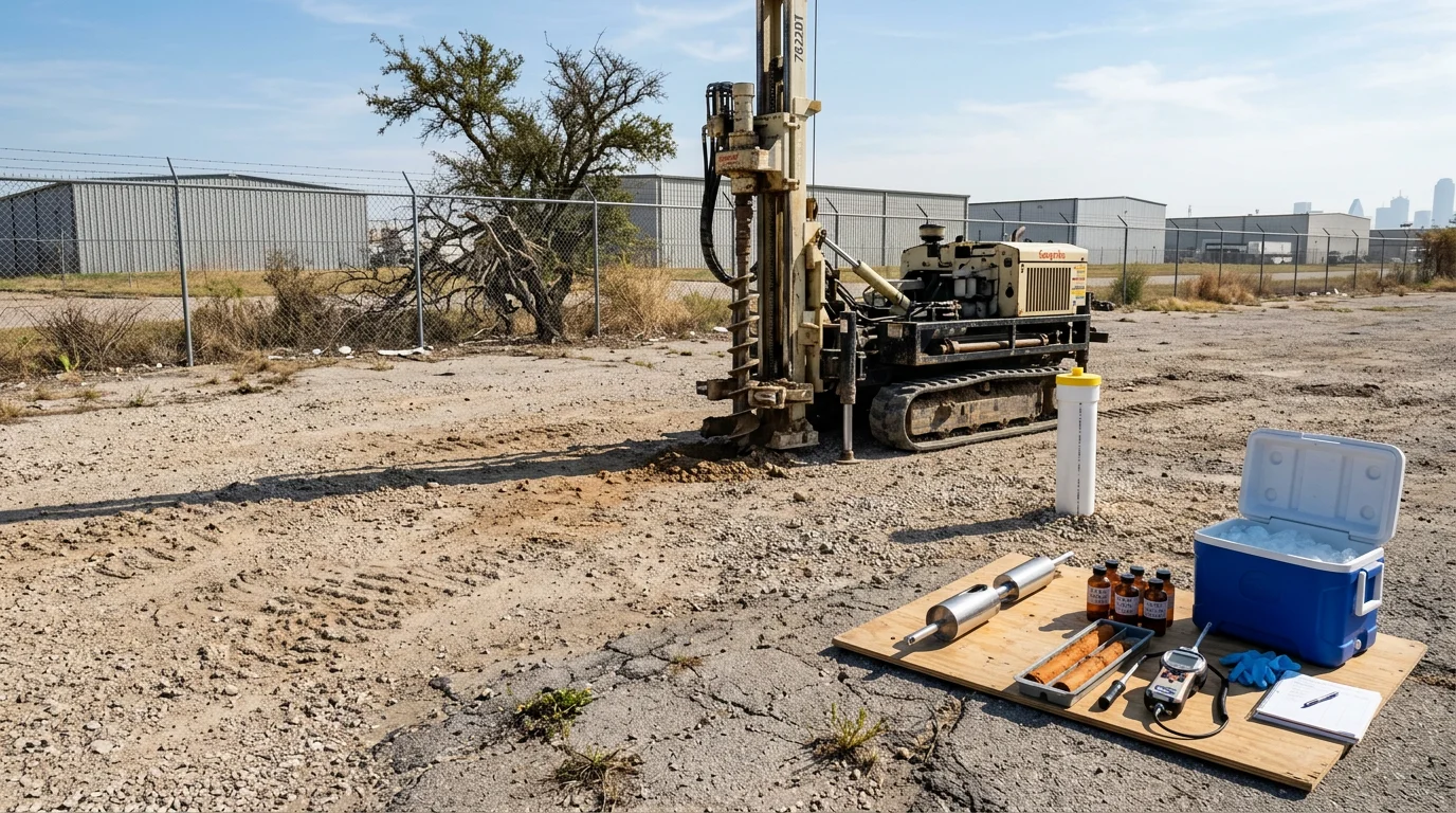 Environmental field technician collecting a soil boring sample at a commercial property site in Dallas, Texas, during a Phase Two Environmental Site Assessment. Sample containers and field equipment are visible on the ground beside the boring location.