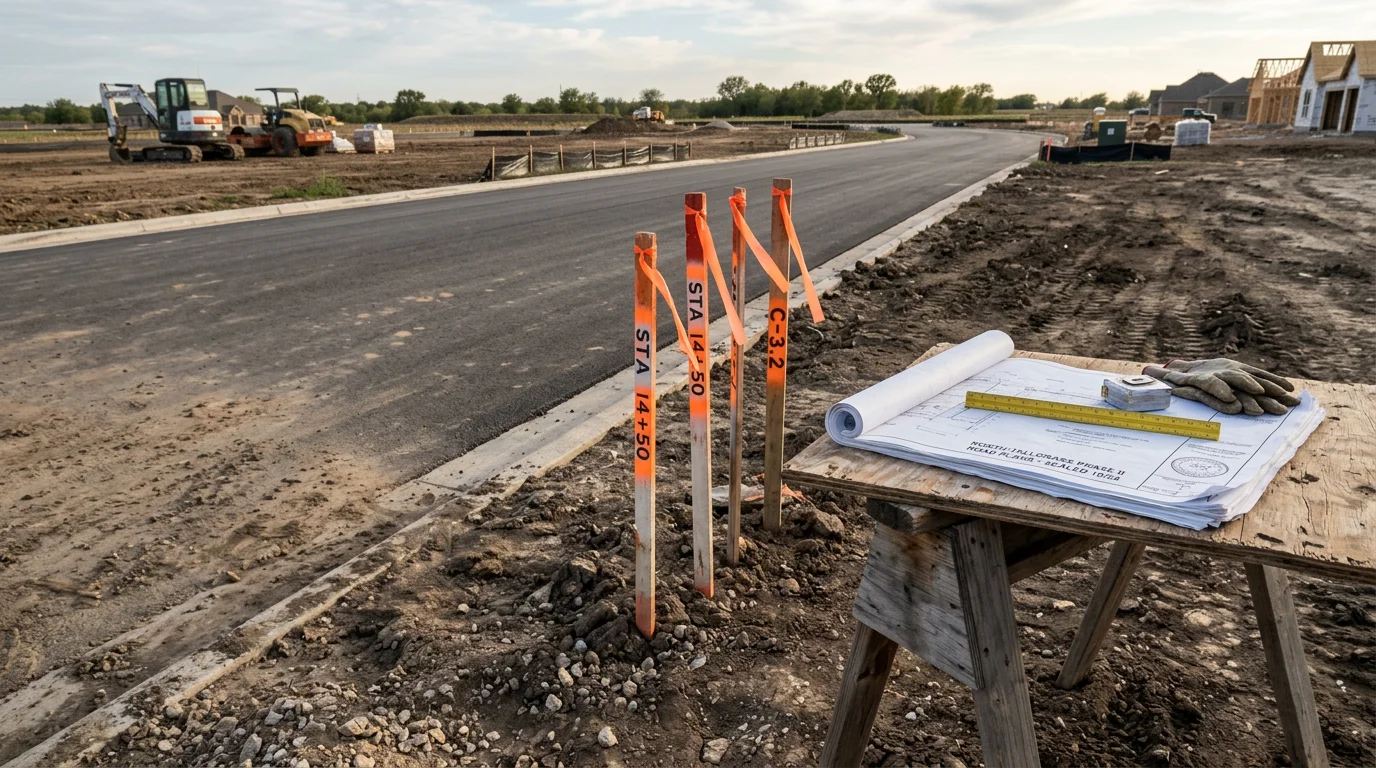 Engineered road design plan sheet showing horizontal alignment, lane geometry, and grade callouts for a residential development in Dallas, Texas. A licensed professional engineer's seal is visible in the title block.