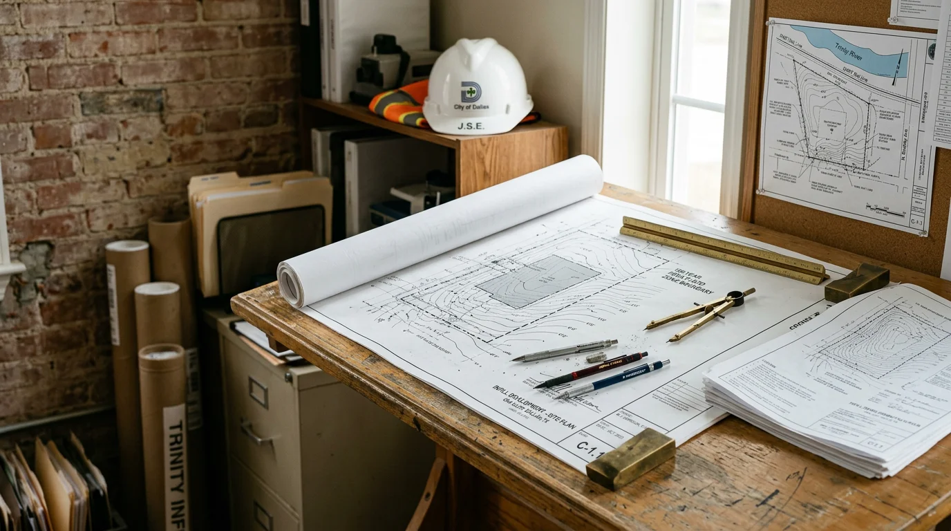 A detailed civil engineering site plan drawing for a Dallas, Texas residential infill project, showing property boundaries, proposed structure footprint, setback dimensions, drainage flow arrows, and a licensed professional engineer's signed and sealed stamp.