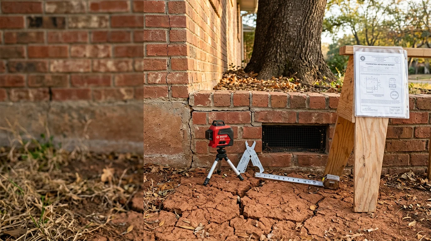 A licensed structural engineer reviewing foundation crack patterns on a residential slab in Dallas, Texas. The engineer documents visible settlement and cracking along the exterior brick for an official inspection report.