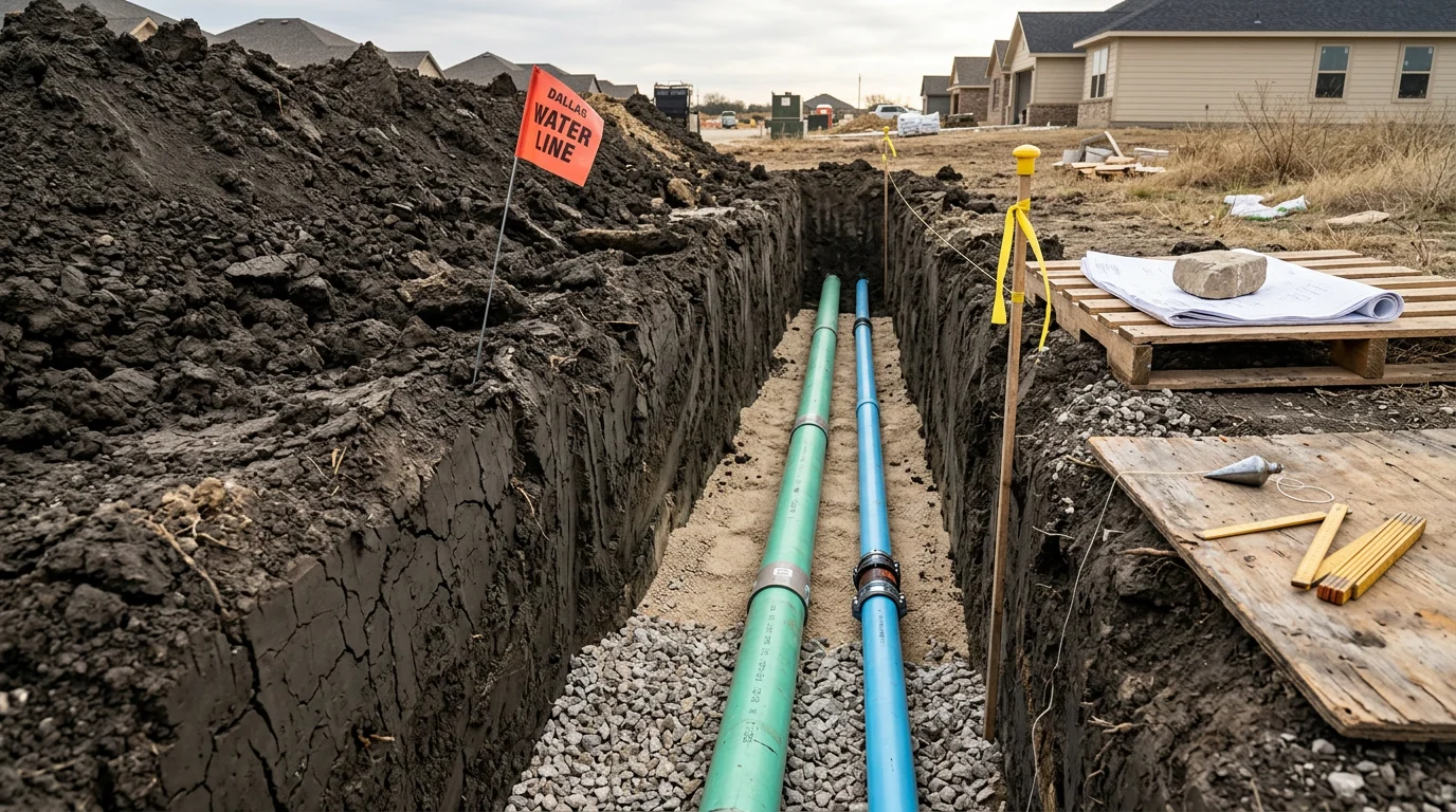 Engineering plan and profile drawing for a residential water and sewer line design project in Dallas, Texas, showing proposed utility alignments and grade callouts on a sealed civil drawing.